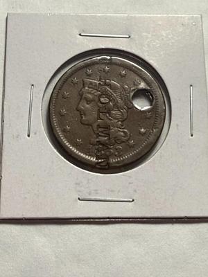 1853 HOLED COUNTERSTAMPED "T. HOLMAN" BRAIDED HAIR LARGE CENT AS PICTURED.