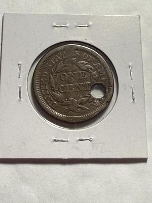 1853 HOLED COUNTERSTAMPED "T. HOLMAN" BRAIDED HAIR LARGE CENT AS PICTURED.