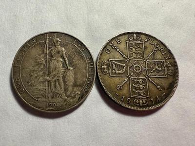 GREAT BRITAIN 1904 & 1914 CIRCULATED CONDITION SCARCE SILVER FLORINS AS PICTURED.