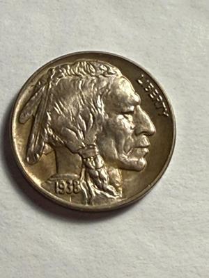 1938-D Uncirculated Condition Lightly Toned Buffalo Nickel as Pictured.