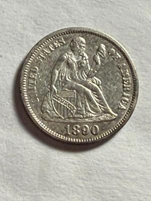 1890 AU CONDITION CLEANED CONDITION LIBERTY SEATED DIME TYPE COIN AS PICTURED.