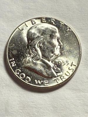 1955 BU CONDITION SILVER FRANKLIN HALF DOLLAR FROM AN ORIGINAL ROLL AS PICTURED.