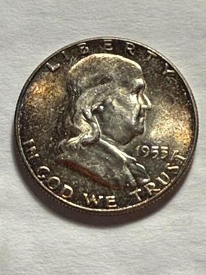 1953-P CHOICE AU/UNCIRCULATED TONED CONDITION SILVER FRANKLIN HALF DOLLAR AS PICTURED.