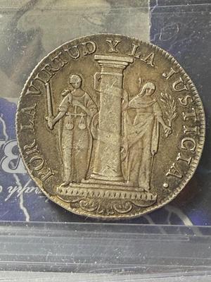 VERY RARE PERU 1823 PROVISIONAL 8 REALES WITH LOW MINTAGE & POPULATION NICE CONDITION.