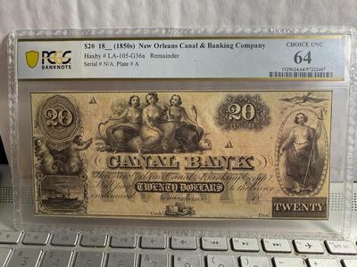 PCGS CERTIFIED United States CANAL BANK $ 20 DOLLARS NEW ORLEANS NOTE 1850'S GRADED CHOICE UNC 64 AS PICTURED.