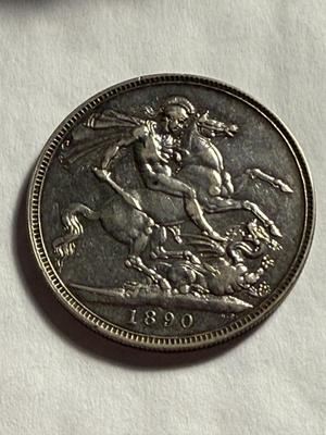 GREAT BITAIN 1890 SILVER CROWN COIN EF CONDITION/CLEANED AS PICTURED.