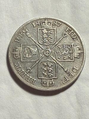GREAT BRITAIN 1887 MINTAGE 483,000 DOUBLE FLORIN SILVER COIN/CLEANED AS PICTURED.
