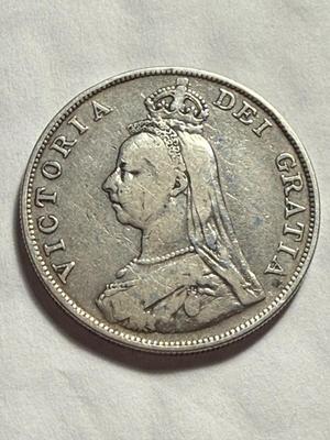 GREAT BRITAIN 1887 MINTAGE 483,000 DOUBLE FLORIN SILVER COIN/CLEANED AS PICTURED.