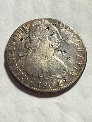 Mexico Spanish Colony 1804-TH 8 Reales KM# 109 w/Chopmarks World Silver Coin as Pictured.
