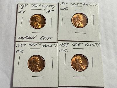 (4) 1957-P CHOICE BU "BIE" VARIETY LINCOLN CENTS LOT AS PICTURED.