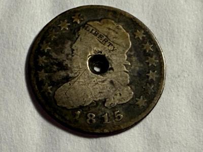 1815 AG/GOOD CONDITION HOLED CAPPED BUST TYPE SILVER QUARTER AS PICTURED.