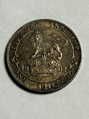 SCARCE GREAT BRITAIN 1902 AU CONDITION SILVER 1-SHILLING COIN AS PICTURED.