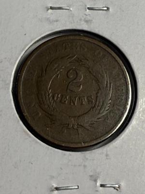 1864 AG/GOOD CONDITION TWO CENT PIECE COIN AS PICTURED.