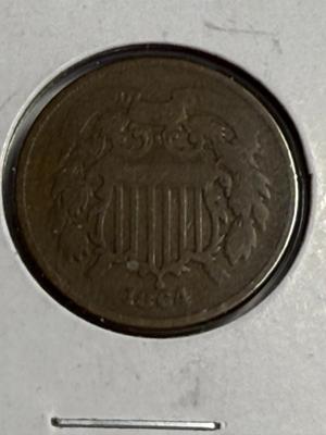 1864 AG/GOOD CONDITION TWO CENT PIECE COIN AS PICTURED.