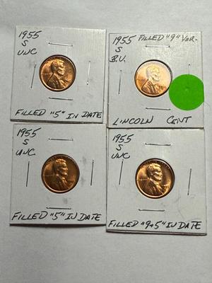 (4)-1955-S BU CONDITION MINOR MINT ERROR LINCOLN CENTS AS PICTURED.