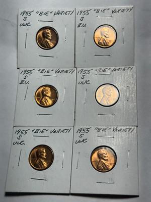 (6) 1955-S CHOICE BU "BIE" VARIETY LINCOLN CENTS LOT AS PICTURED.