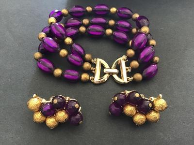 Crown Trifari Multi Strand Purple Lucite Bead Bracelet with Matching Earrings