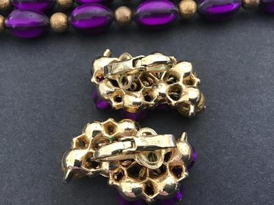 Crown Trifari Multi Strand Purple Lucite Bead Bracelet with Matching Earrings