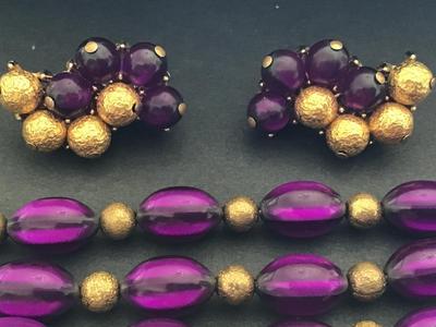 Crown Trifari Multi Strand Purple Lucite Bead Bracelet with Matching Earrings
