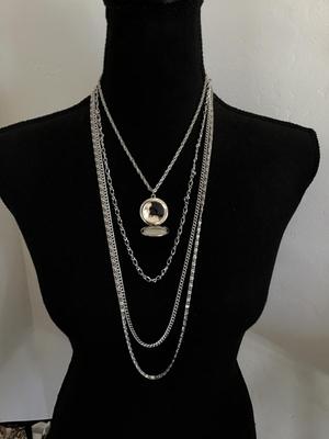 Beautiful Multi Strand Locket Necklace Silver Tone