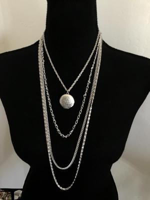 Beautiful Multi Strand Locket Necklace Silver Tone