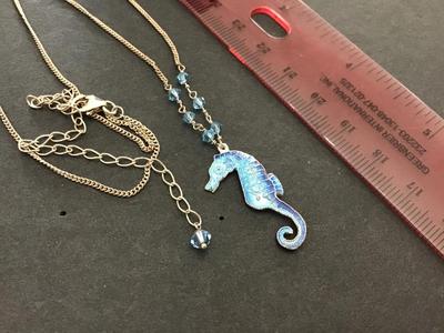 Blue Crystal Bead Seahorse Necklace. Dainty