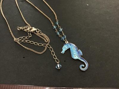 Blue Crystal Bead Seahorse Necklace. Dainty