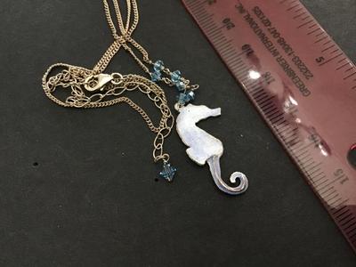 Blue Crystal Bead Seahorse Necklace. Dainty