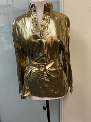 Vintage Retro Lloyd Williams Gold Lame Metallic Pullover Blouse Top with Matching Belt