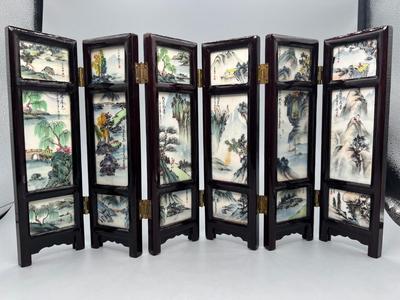 Miniature Hand Painted Ceramic & Wood Shoji Screen with Different Scenes & Floral Imagery