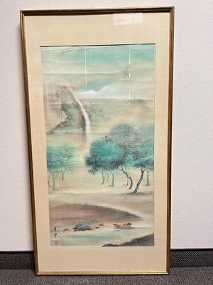 Vintage Midcentury Asian Japanese Watercolor on Paper Art Fishing Boat and Trees