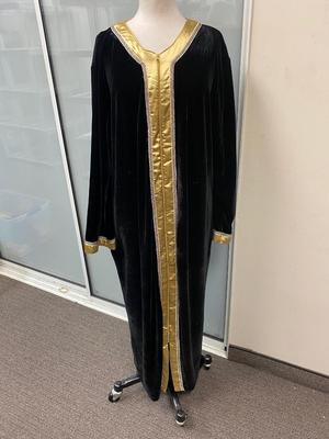 Retro Vintage Black Velvet Velour with Gold Trim Kaftan Loungewear Zip Front Robe Dressing Gown
