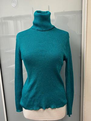 Retro Metallic Thread Teal Pierre Cardin Pullover Turtleneck Thin Sweater Blouse Top