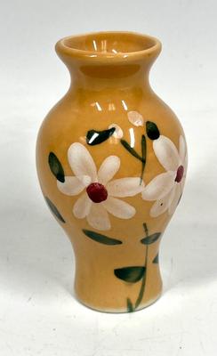 Miniature Orange Ceramic Pottery Vase with White Flower Pattern
