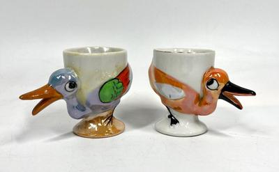 Pair of Blue and Orange Lusterware Ceramic Bird Egg Cups