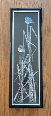 Framed Scratchboard Art Blue Birds on Grass by Artist Gregg Murray