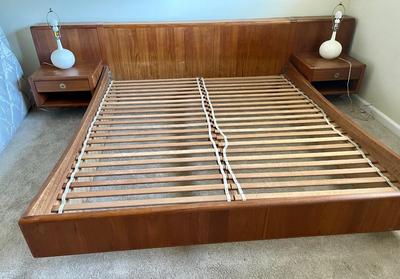 King Size Mid Century Danish Modern Bed with floating nightstands