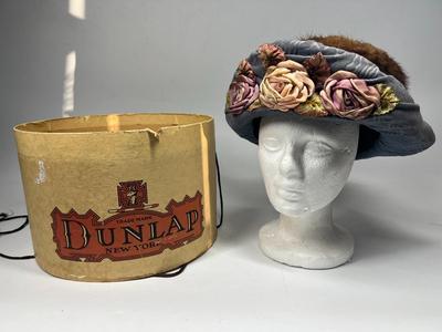 Antique Faux Flower Fur Top Sun Hat with Dunlap New York Hat Box