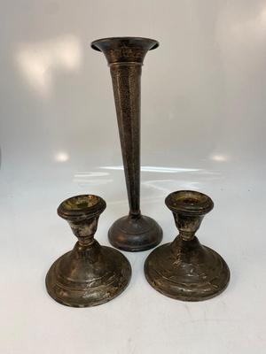 Weighted Sterling Silver Fluted Vase & Candlestick Holders