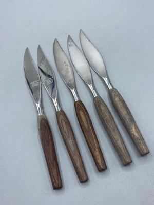 Set of 5 Mode Danish Mid Century Wood Handle Steak Dinner Knives Sheffield England