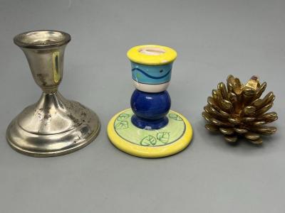 Lot of Miscellaneous Candlestick Holders Towle Sterling, Ceramic, & Heavy Metal Pinecone