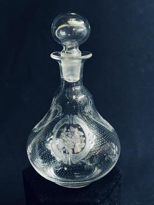 Beautiful Antique Etched Cut Glass Perfume Bottle Blown Stopper