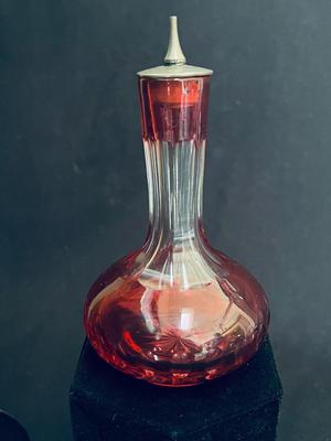 Antique Case Glass Cranberry and Clear Perfume Bottle with cork stopper
