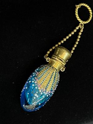 Antique Bohemian Blue Gold Chatelaine Mini Perfume Scent Bottle