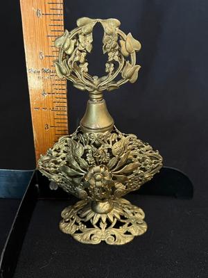 Elaborate Vintage Filigree Brass Framed Perfume Bottle