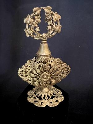 Elaborate Vintage Filigree Brass Framed Perfume Bottle