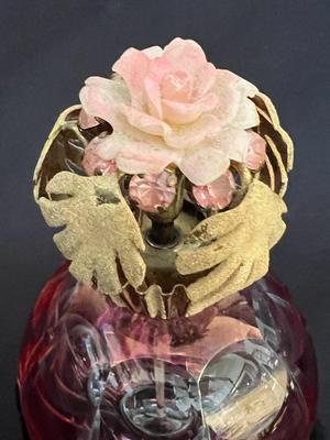 Antique Cranberry cut to clear Spritzer Perfume Bottle floral top