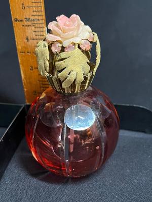 Antique Cranberry cut to clear Spritzer Perfume Bottle floral top