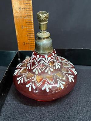 Antique Cranberry Red Bohemian Glass Perfume Bottle Spritzer