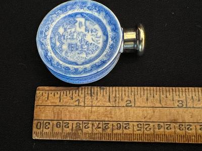 Tiny Blue Willow Porcelain Perfume Miniature Bottle with Old Hallmarks